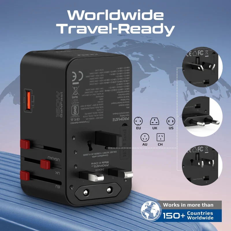 محول سفر عالمي بروميت تريب ميت-GaN160 بتقنية GaNFast - 160 واط / USB-C / USB-A / أسود