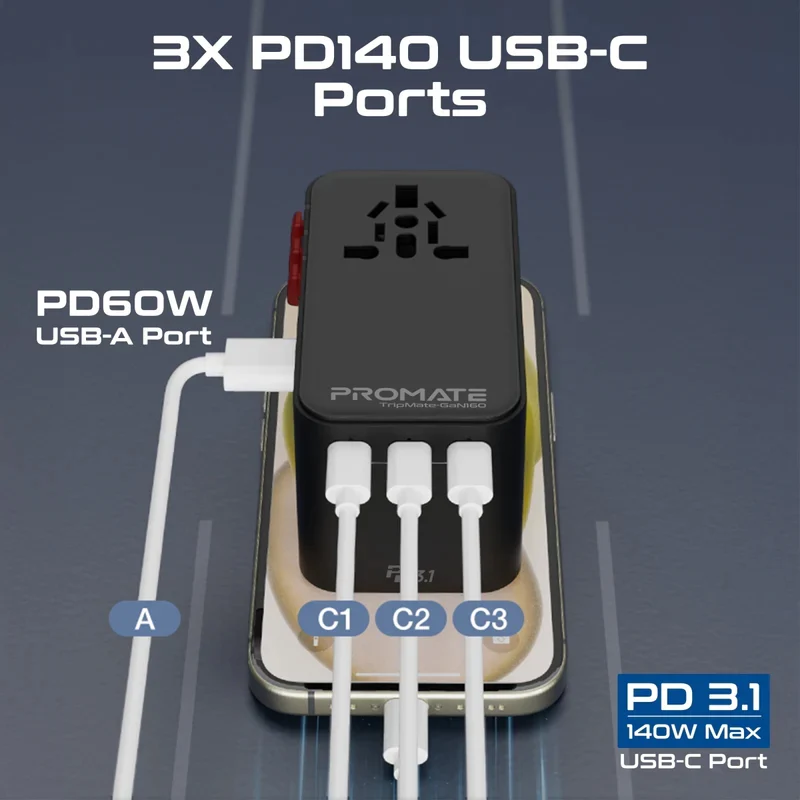 محول سفر عالمي بروميت تريب ميت-GaN160 بتقنية GaNFast - 160 واط / USB-C / USB-A / أسود