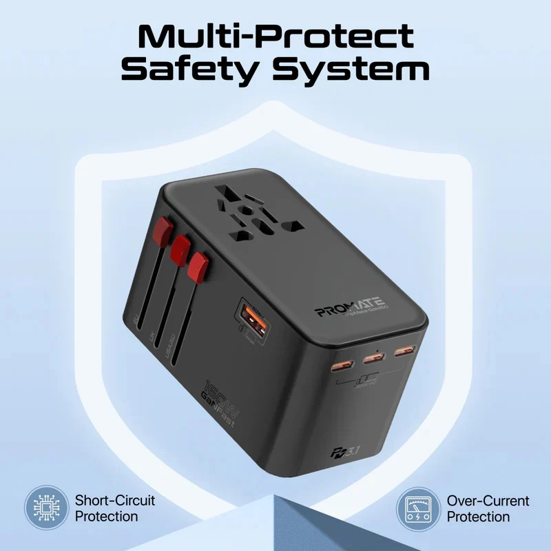محول سفر عالمي بروميت تريب ميت-GaN160 بتقنية GaNFast - 160 واط / USB-C / USB-A / أسود