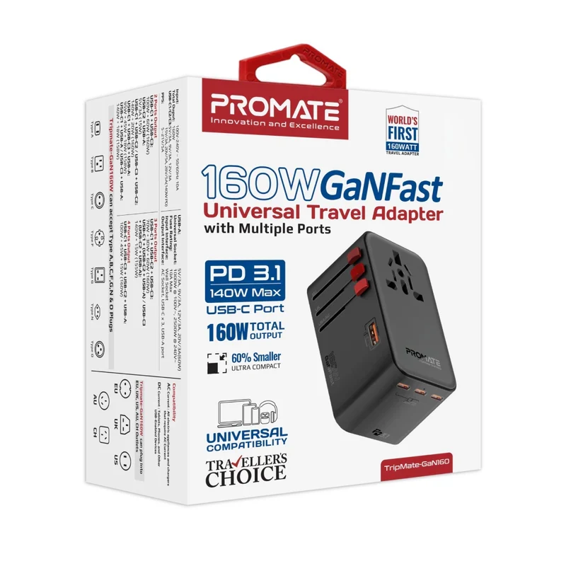 محول سفر عالمي بروميت تريب ميت-GaN160 بتقنية GaNFast - 160 واط / USB-C / USB-A / أسود