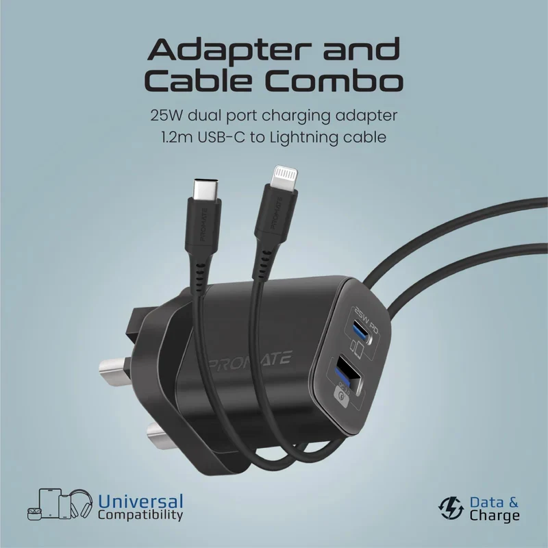 محول تيار ثنائي المنافذ بروميت تشارج كيت-25PDi بتوصيل الطاقة، مع كابل، بقدرة 25 واط، يو إس بي-C، باللون الأسود