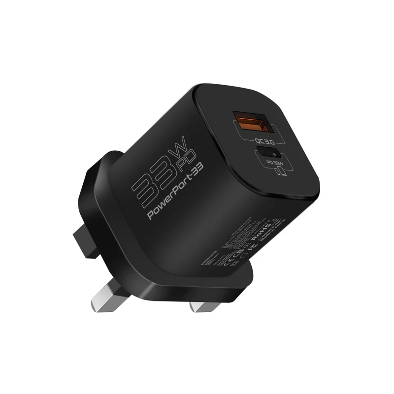 شاحن بروميت باور بورت-33 بتقنية باور دليفري GaNFast - 33 واط / USB-C / USB-A / أسود