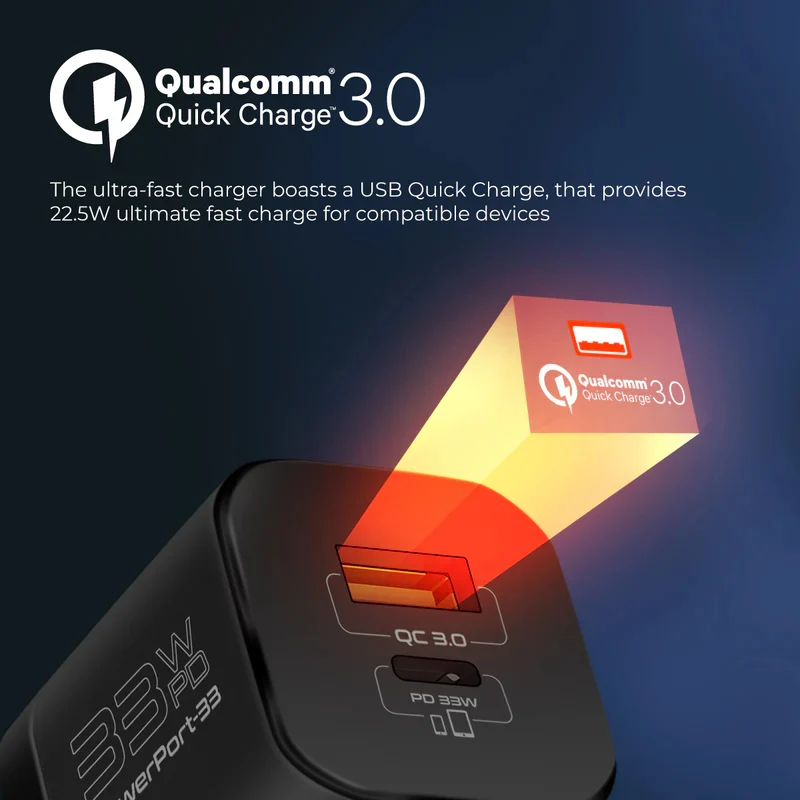 شاحن بروميت باور بورت-33 بتقنية باور دليفري GaNFast - 33 واط / USB-C / USB-A / أسود