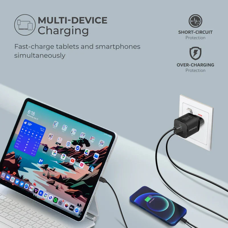 شاحن بروميت باور بورت-33 بتقنية باور دليفري GaNFast - 33 واط / USB-C / USB-A / أسود