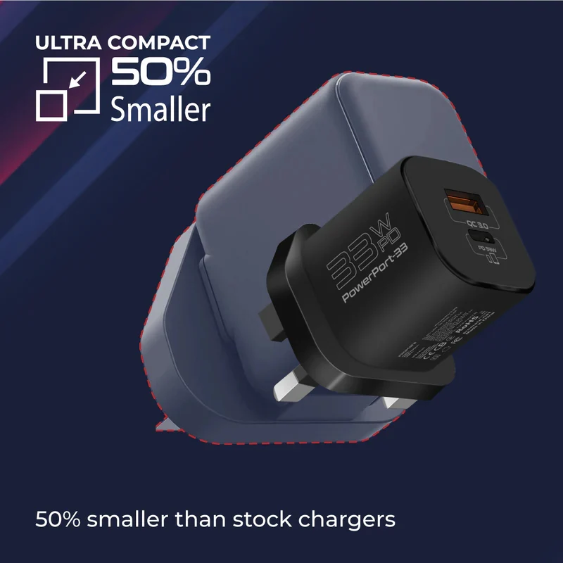 شاحن بروميت باور بورت-33 بتقنية باور دليفري GaNFast - 33 واط / USB-C / USB-A / أسود