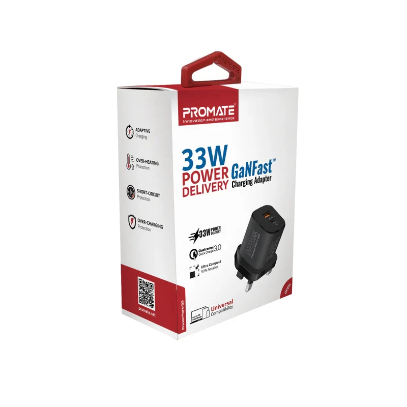 شاحن بروميت باور بورت-33 بتقنية باور دليفري GaNFast - 33 واط / USB-C / USB-A / أسود