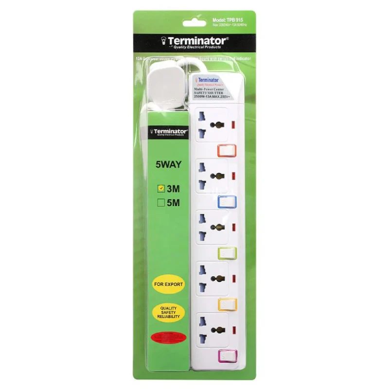 Terminator 5 Way Power Extension Socket - 3 Meter / White