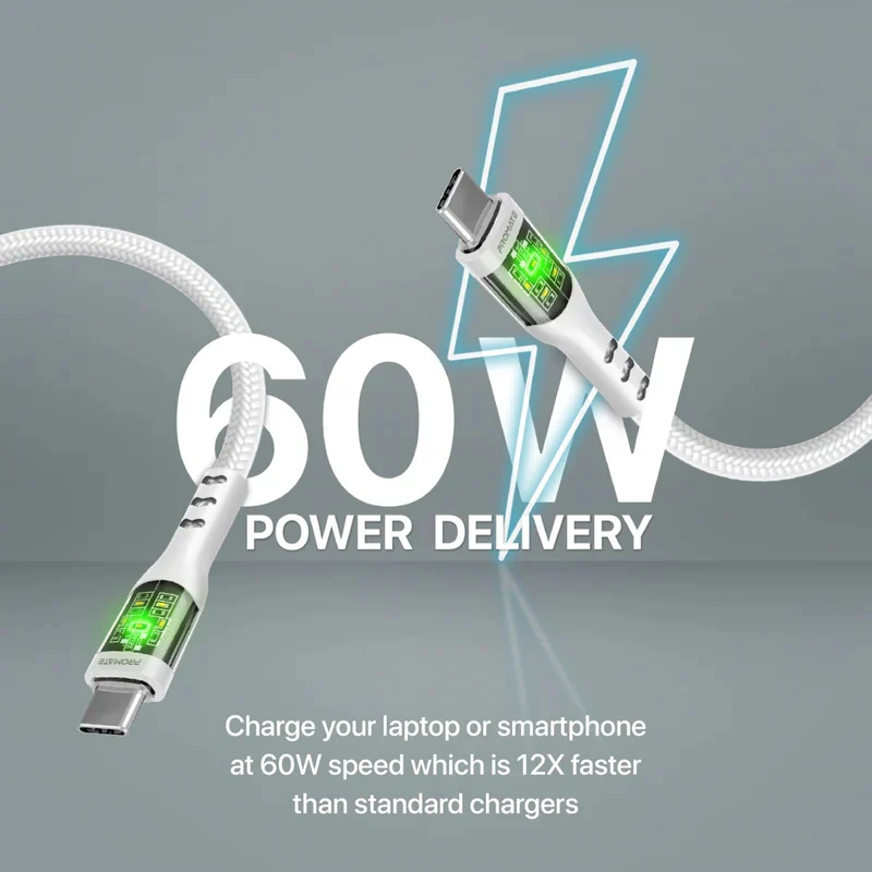 PROMATE TransLine-CC Power Delivery Ultra-Fast Charge Cable - 1.2 Meter / 480Mbps / USB-C / White