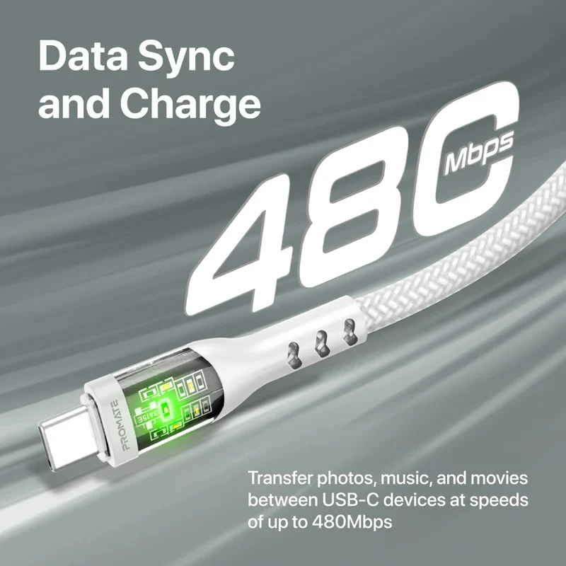 PROMATE TransLine-CC Power Delivery Ultra-Fast Charge Cable - 1.2 Meter / 480Mbps / USB-C / White