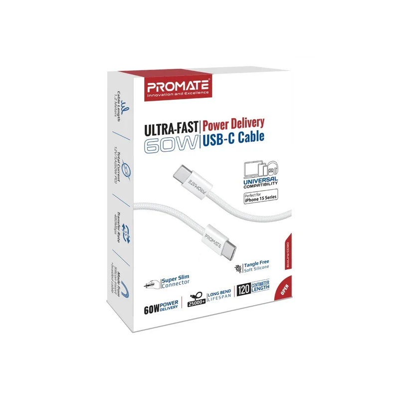 كابل شحن فائق السرعة بروميت إيكو لاين-CC120 - 1.2 متر / 480 ميجابت/ثانية / USB-C / أبيض