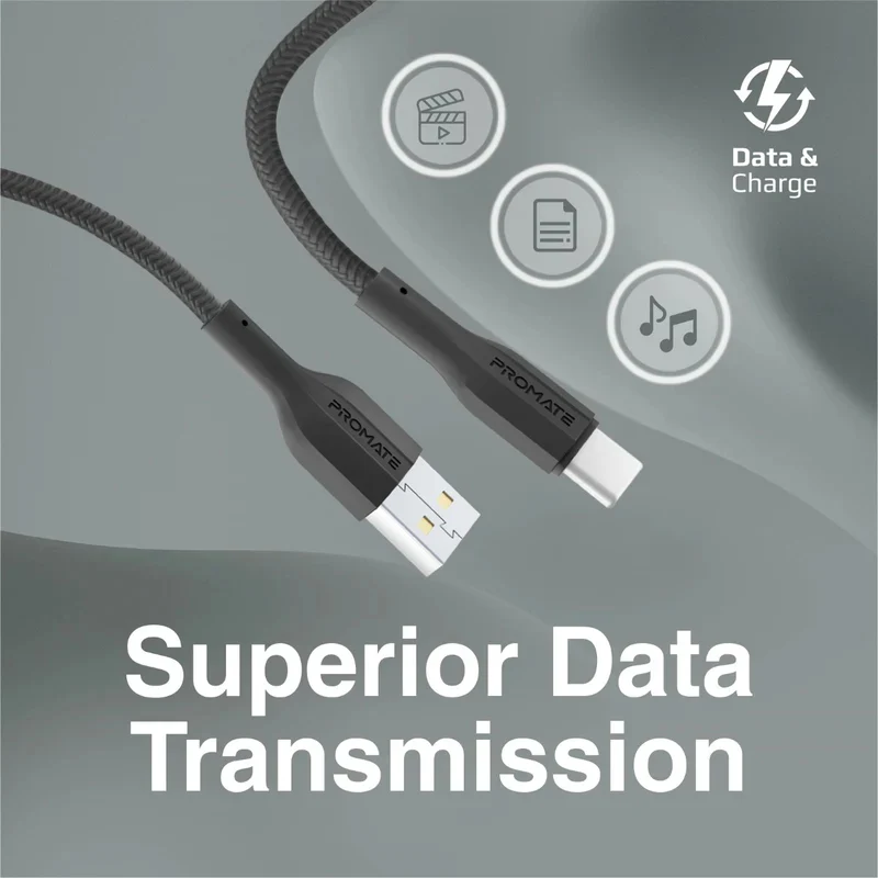كابل بيانات وشحن بروميت XCord-AC فائق المرونة، يو إس بي-A/يو إس بي-C، بطول 1 متر، بسرعة 480 ميجابت في الثانية، باللون الأسود