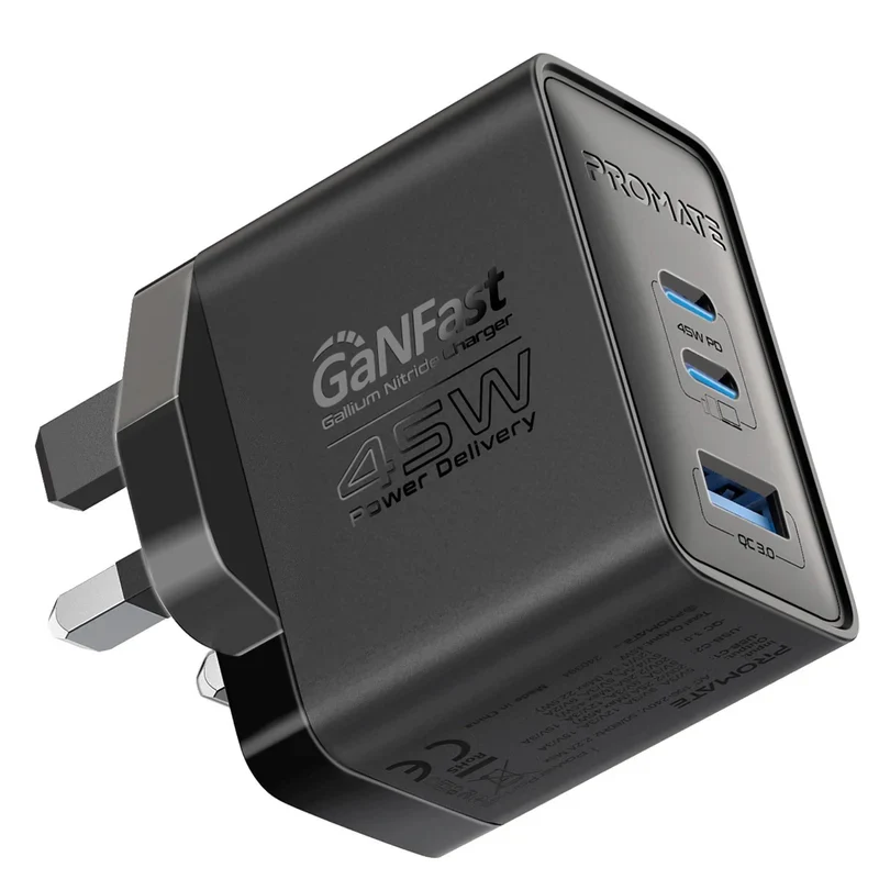 شاحن بروميت باور بورت-45 بتقنية Power Delivery وGaNFast، بقدرة 45 واط، USB-C، USB-A، باللون الأسود