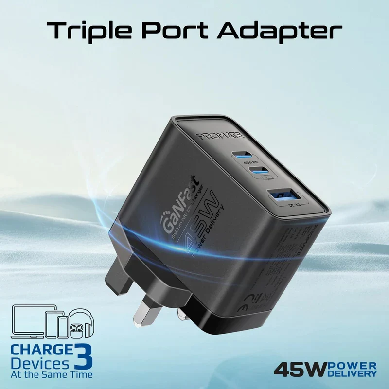 شاحن بروميت باور بورت-45 بتقنية Power Delivery وGaNFast، بقدرة 45 واط، USB-C، USB-A، باللون الأسود