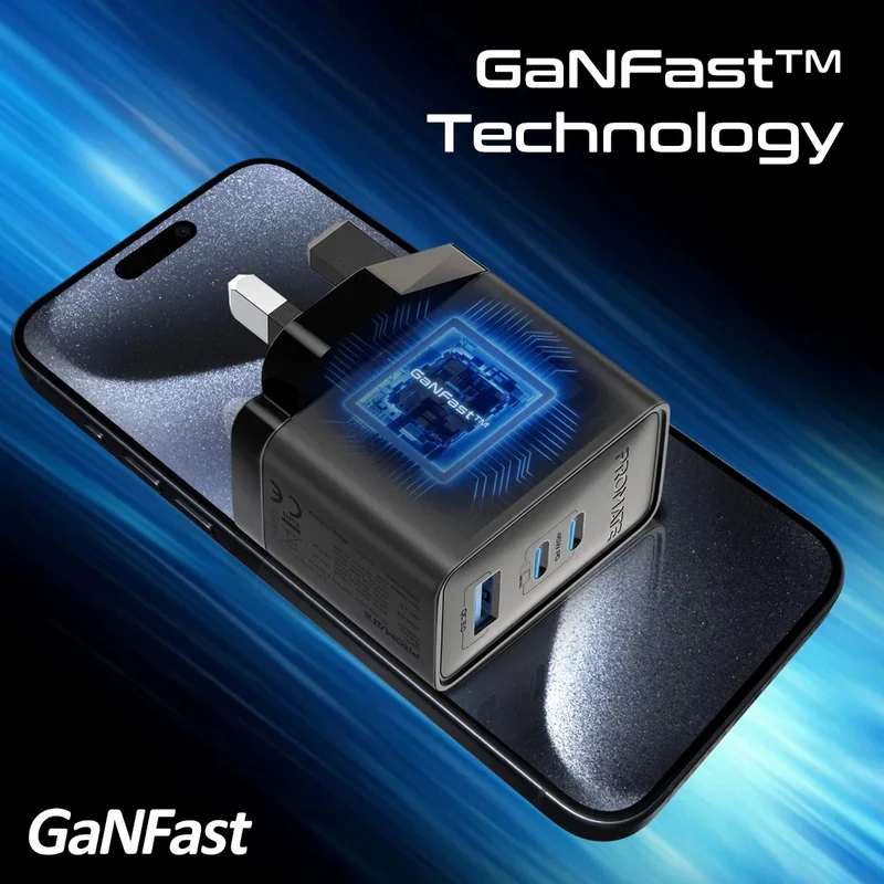شاحن بروميت باور بورت-45 بتقنية Power Delivery وGaNFast، بقدرة 45 واط، USB-C، USB-A، باللون الأسود