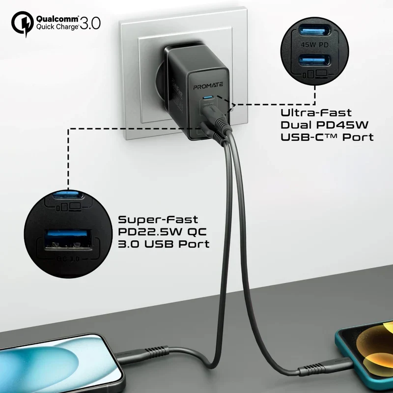 شاحن بروميت باور بورت-45 بتقنية Power Delivery وGaNFast، بقدرة 45 واط، USB-C، USB-A، باللون الأسود
