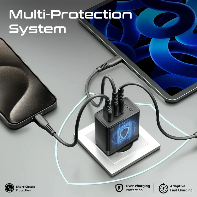 شاحن بروميت باور بورت-45 بتقنية Power Delivery وGaNFast، بقدرة 45 واط، USB-C، USB-A، باللون الأسود