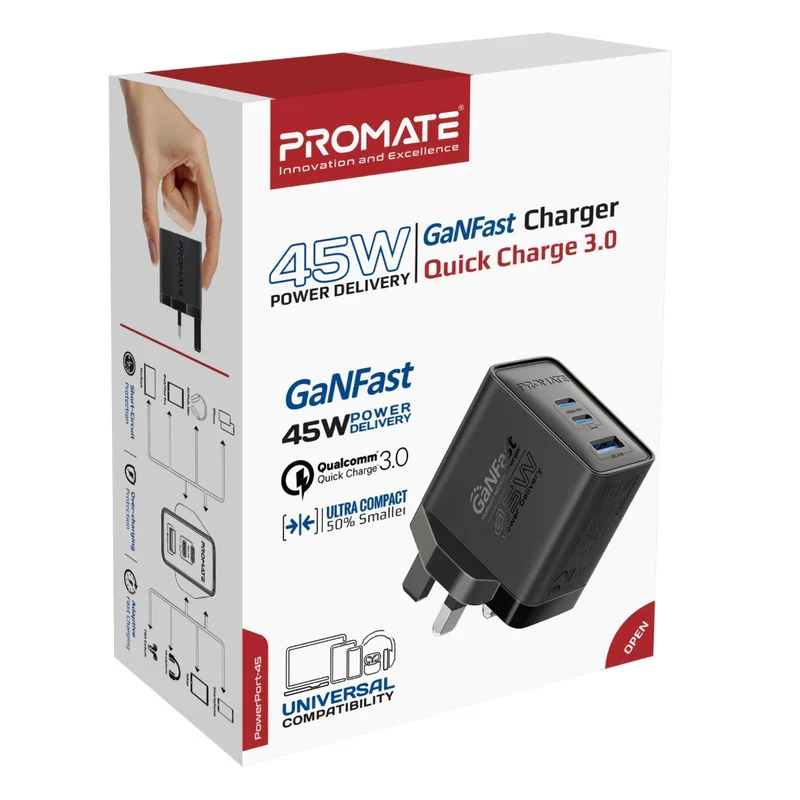 شاحن بروميت باور بورت-45 بتقنية Power Delivery وGaNFast، بقدرة 45 واط، USB-C، USB-A، باللون الأسود