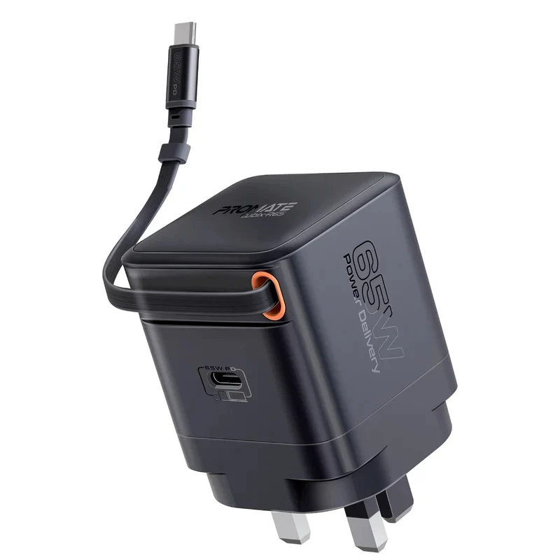 محول شحن بروميت كوبيكس-R65 جان فاست مع كابل USB-C قابل للسحب، 65 واط، USB-C، أسود