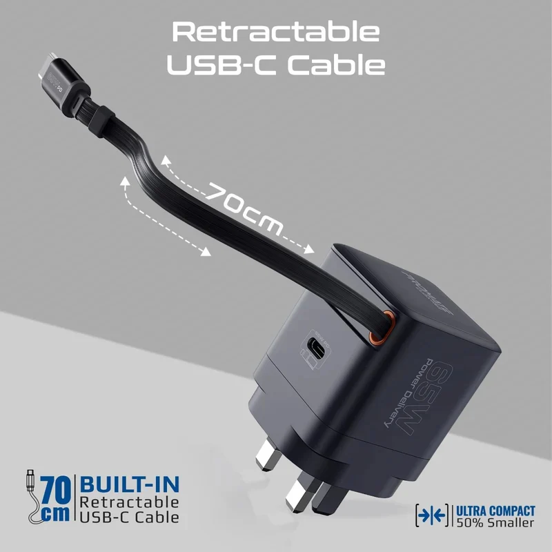 محول شحن بروميت كوبيكس-R65 جان فاست مع كابل USB-C قابل للسحب، 65 واط، USB-C، أسود