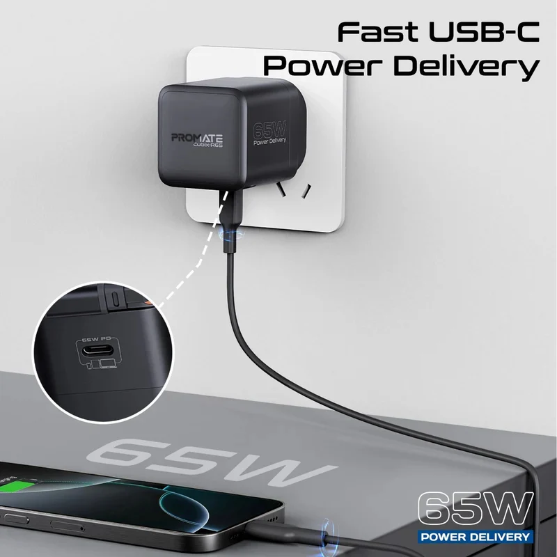محول شحن بروميت كوبيكس-R65 جان فاست مع كابل USB-C قابل للسحب، 65 واط، USB-C، أسود