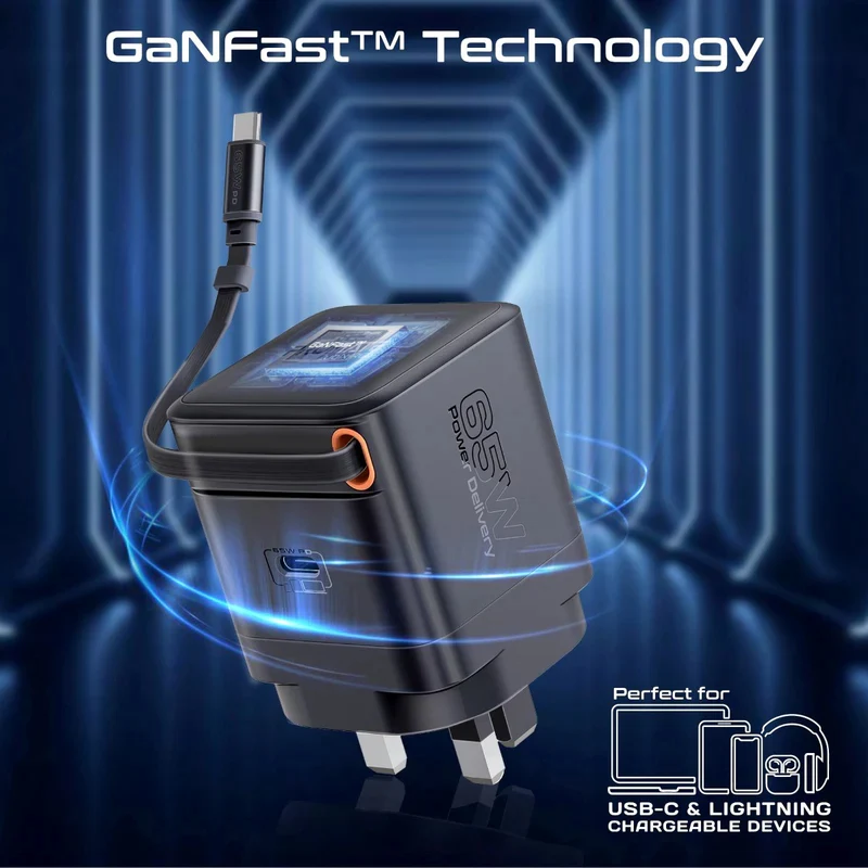 محول شحن بروميت كوبيكس-R65 جان فاست مع كابل USB-C قابل للسحب، 65 واط، USB-C، أسود