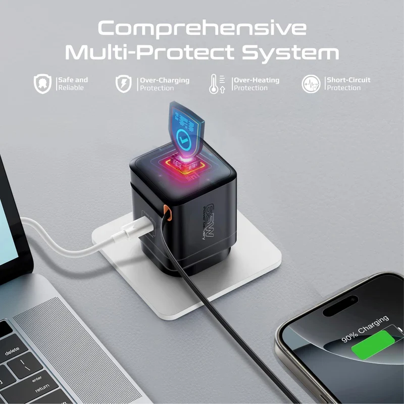 محول شحن بروميت كوبيكس-R65 جان فاست مع كابل USB-C قابل للسحب، 65 واط، USB-C، أسود
