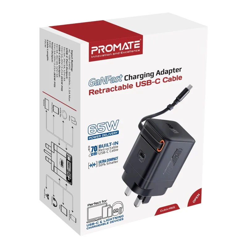 محول شحن بروميت كوبيكس-R65 جان فاست مع كابل USB-C قابل للسحب، 65 واط، USB-C، أسود