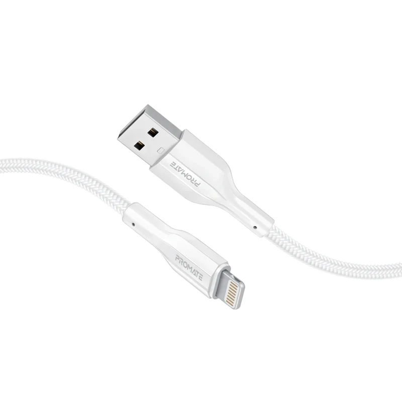 كابل بيانات وشحن بروميت XCord-Ai200 عالي مقاومة الشد - طول 2 متر / سرعة 480 ميجابت/ثانية / USB-A / Lightning / أبيض