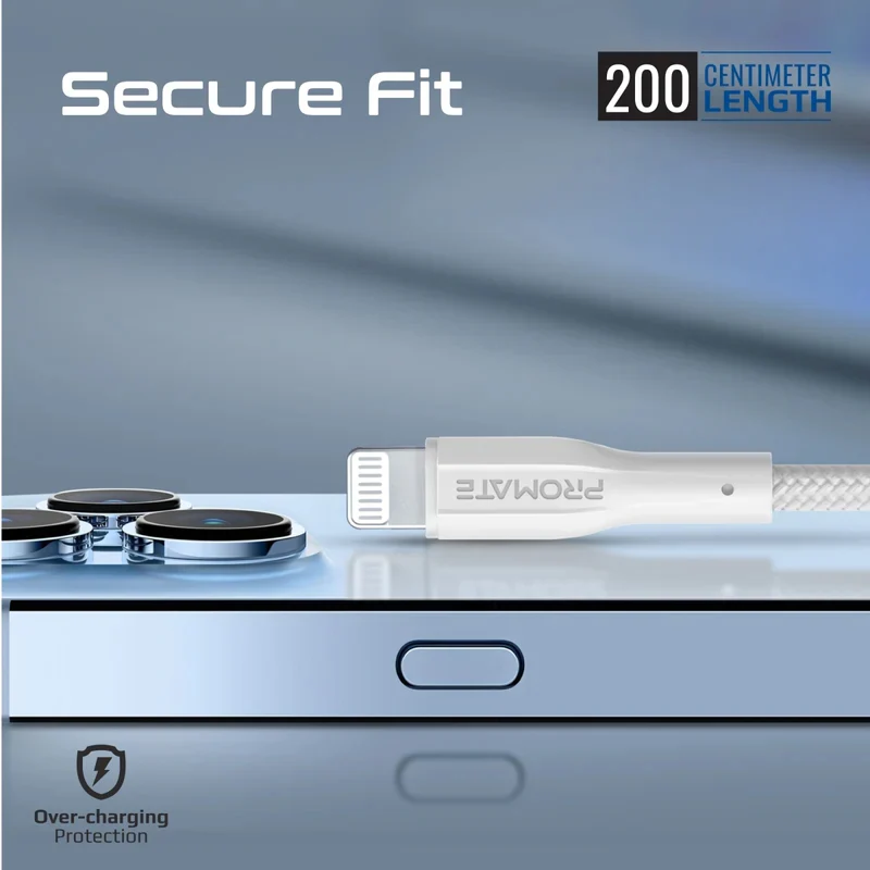 كابل بيانات وشحن بروميت XCord-Ai200 عالي مقاومة الشد - طول 2 متر / سرعة 480 ميجابت/ثانية / USB-A / Lightning / أبيض