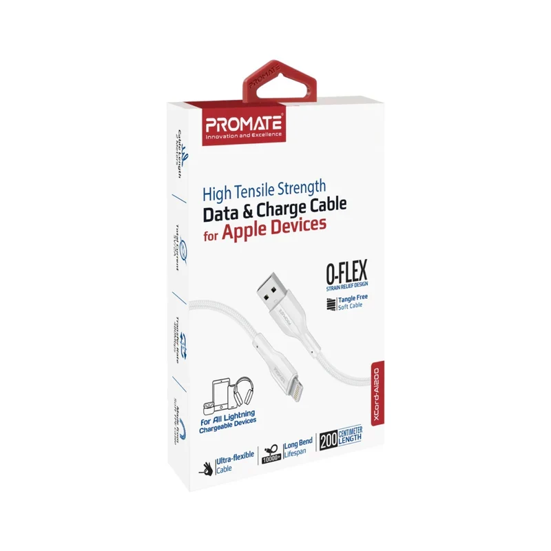 كابل بيانات وشحن بروميت XCord-Ai200 عالي مقاومة الشد - طول 2 متر / سرعة 480 ميجابت/ثانية / USB-A / Lightning / أبيض