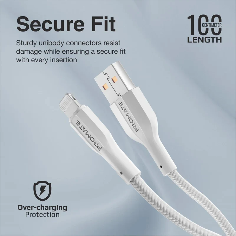كابل بيانات وشحن بروميت إكس كورد-Ai عالي مقاومة الشد - 1 متر / 480 ميجابت/ثانية / USB-A / لايتنينج / أبيض