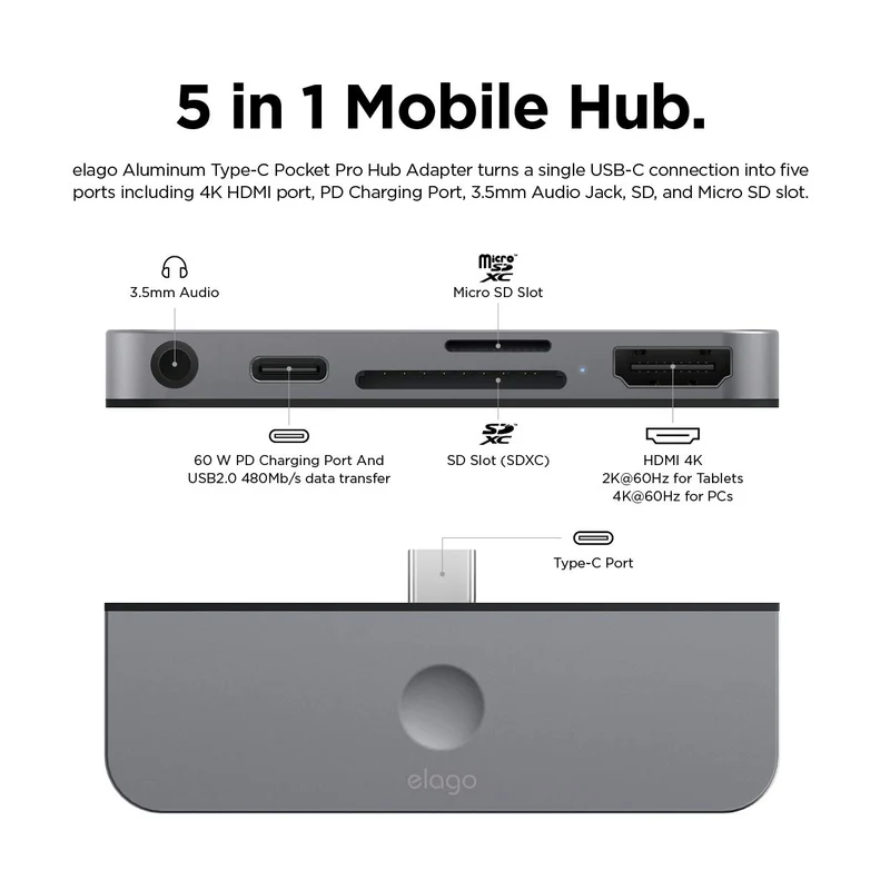 Elago Aluminum Type-C Pocket Pro Hub Adapter - Dark Gray
