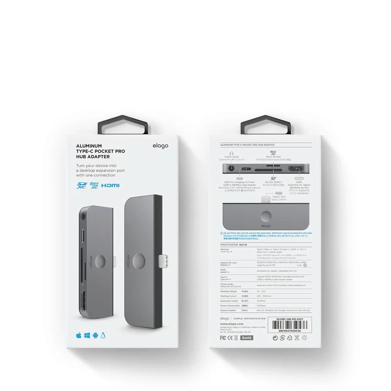 Elago Aluminum Type-C Pocket Pro Hub Adapter - Dark Gray