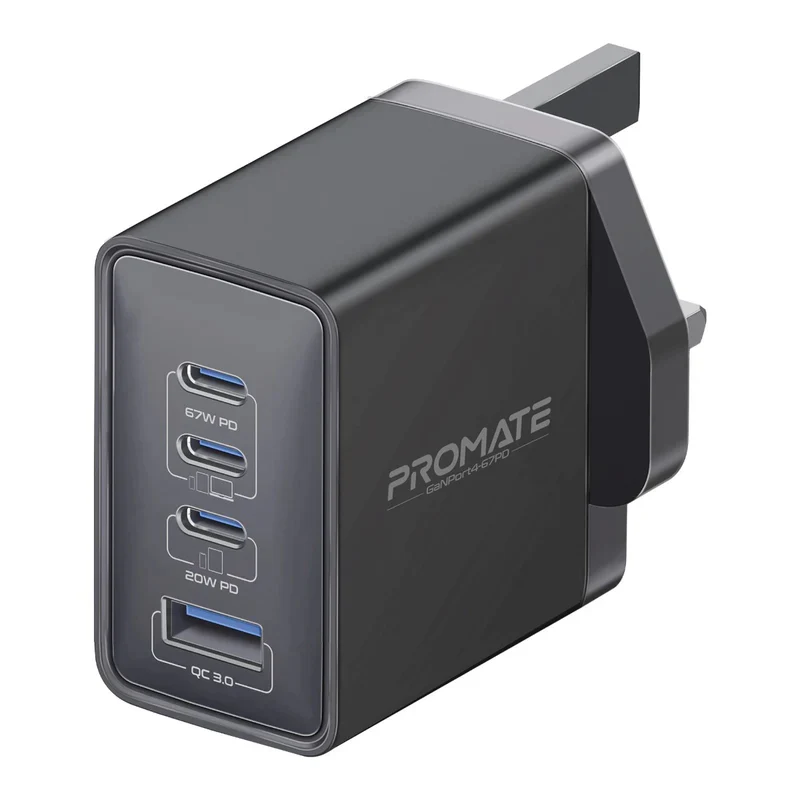 شاحن بروميت GaNPort4-67PD بتقنية باور دليفري GaNFast - 67 واط / USB-C / USB-A / أسود