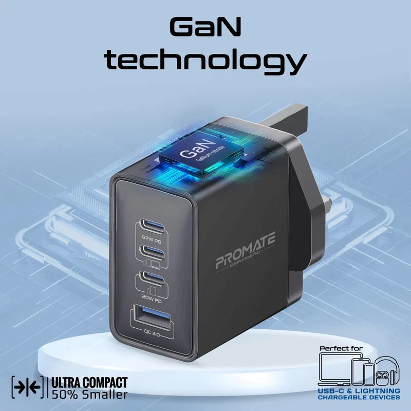 شاحن بروميت GaNPort4-67PD بتقنية باور دليفري GaNFast - 67 واط / USB-C / USB-A / أسود
