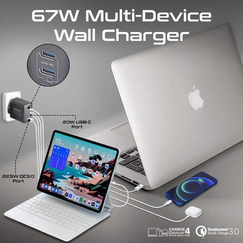 شاحن بروميت GaNPort4-67PD بتقنية باور دليفري GaNFast - 67 واط / USB-C / USB-A / أسود