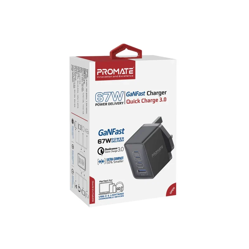 شاحن بروميت GaNPort4-67PD بتقنية باور دليفري GaNFast - 67 واط / USB-C / USB-A / أسود