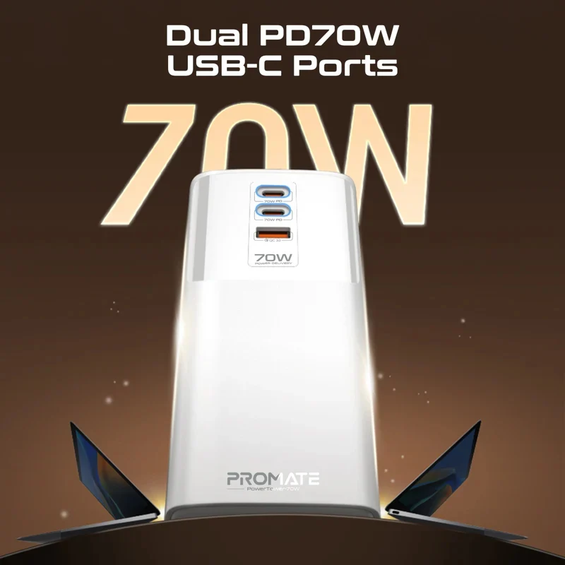 محطة شحن بروميت باور تاور-70W متعددة المنافذ مع أربعة مقابس تيار متردد، بقدرة 70 واط، باللون الأبيض