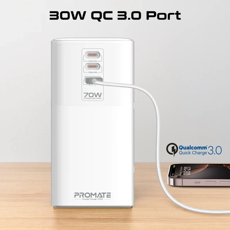 محطة شحن بروميت باور تاور-70W متعددة المنافذ مع أربعة مقابس تيار متردد، بقدرة 70 واط، باللون الأبيض