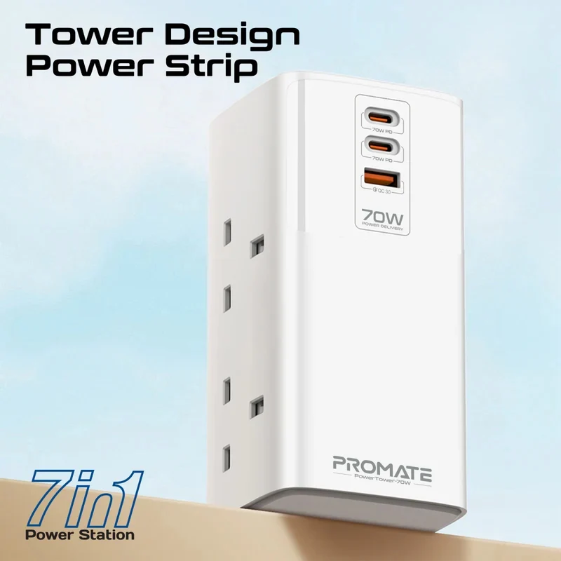 محطة شحن بروميت باور تاور-70W متعددة المنافذ مع أربعة مقابس تيار متردد، بقدرة 70 واط، باللون الأبيض