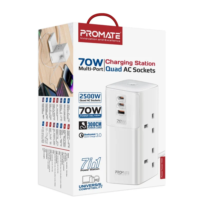 محطة شحن بروميت باور تاور-70W متعددة المنافذ مع أربعة مقابس تيار متردد، بقدرة 70 واط، باللون الأبيض