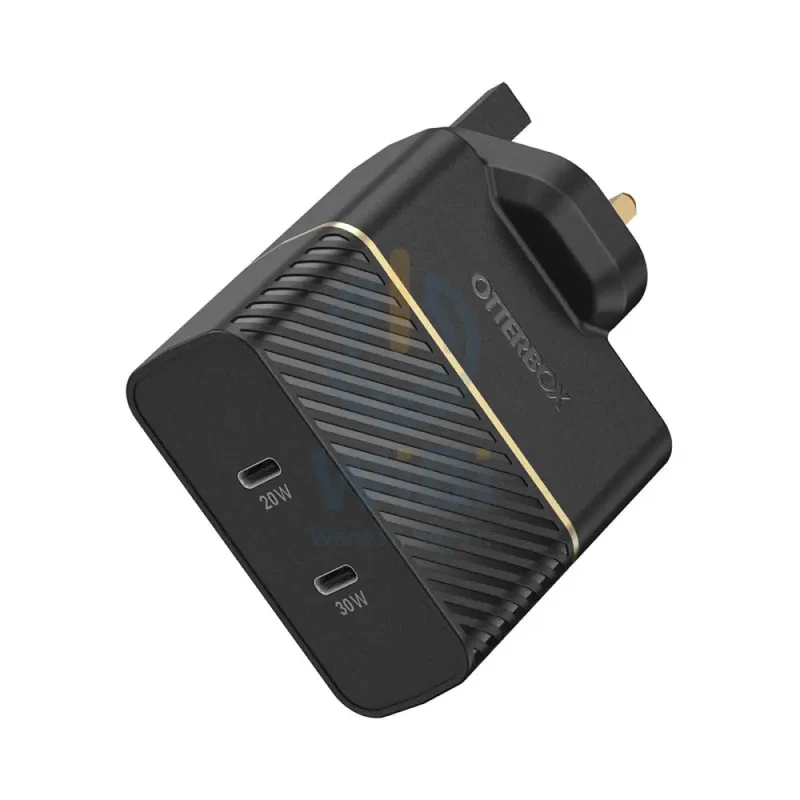 شاحن حائط أوتربوكس بقابس بريطاني وقدرة 50 واط - منفذ USB-C واحد بقدرة 30 واط + منفذ USB-C واحد بقدرة 20 واط بتقنية USB-PD - أسود