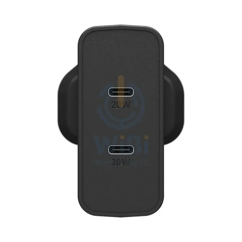 شاحن حائط أوتربوكس بقابس بريطاني وقدرة 50 واط - منفذ USB-C واحد بقدرة 30 واط + منفذ USB-C واحد بقدرة 20 واط بتقنية USB-PD - أسود