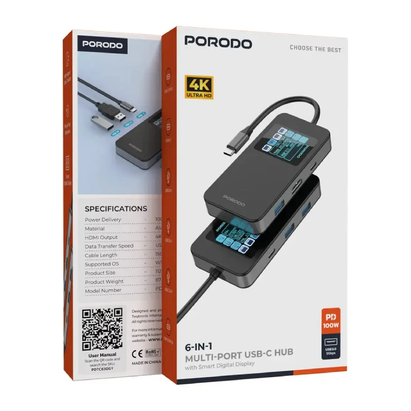 موزع بورودو متعدد المنافذ 6 في 1 يو إس بي سي مع شاشة رقمية ذكية - رمادي