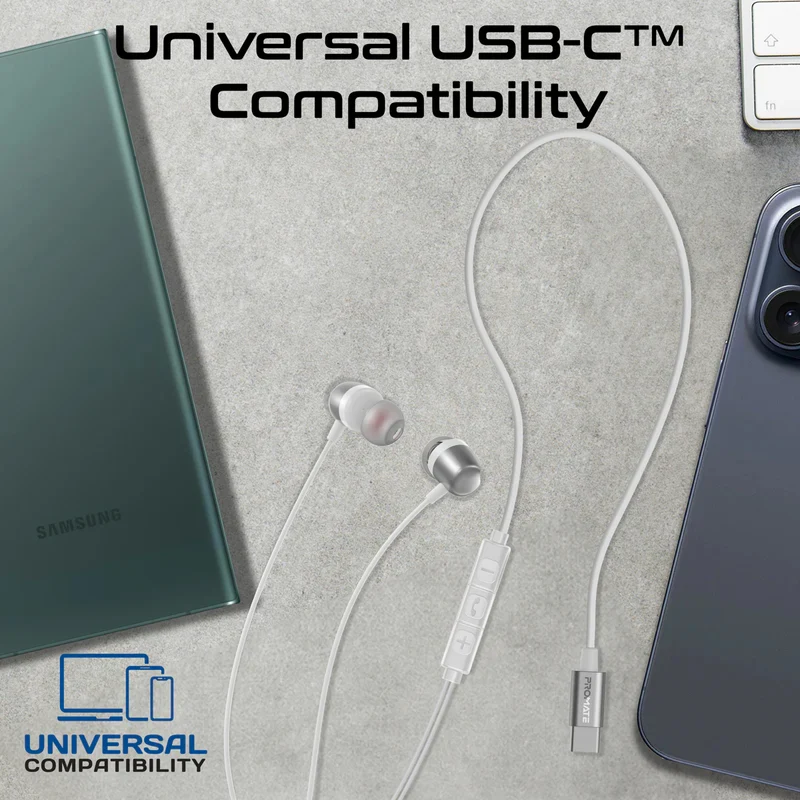 سماعات أذن ستيريو سلكية بروميت سيلكن-ENC، مزودة بتقنية ENC، USB-C، 1.2 متر، أبيض