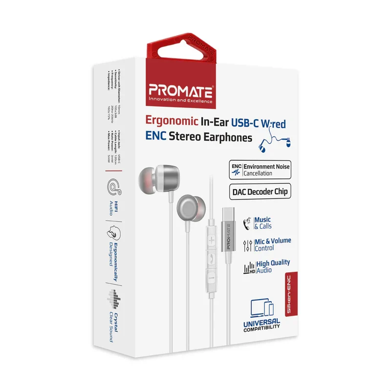سماعات أذن ستيريو سلكية بروميت سيلكن-ENC، مزودة بتقنية ENC، USB-C، 1.2 متر، أبيض