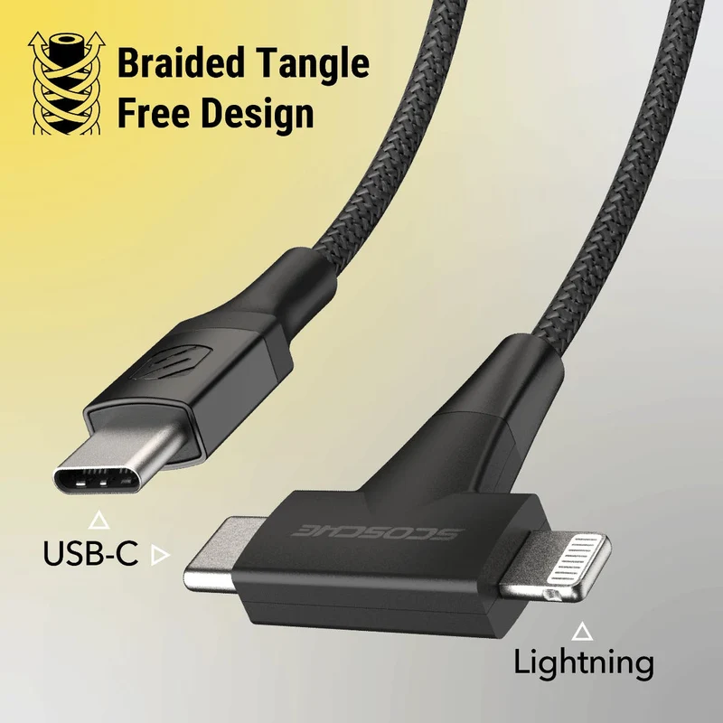 كابل سكوش سترايك لاين HH ‏2 في 1 من USB-C إلى USB-C أو لايتنينج - أسود