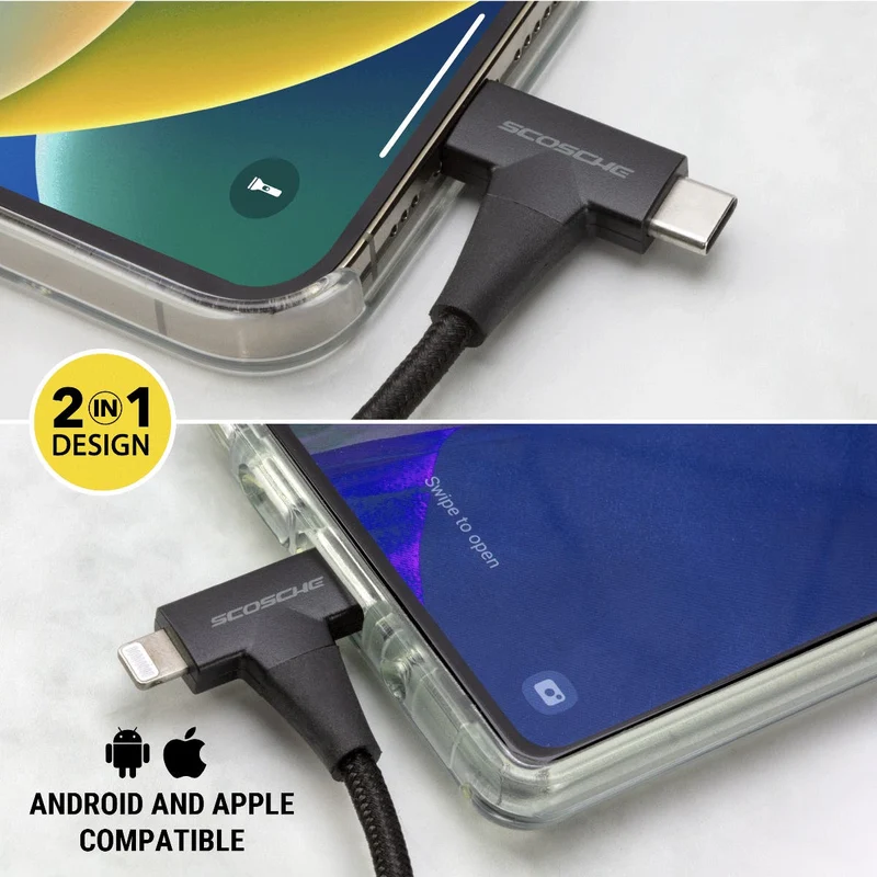 كابل سكوش سترايك لاين HH ‏2 في 1 من USB-C إلى USB-C أو لايتنينج - أسود
