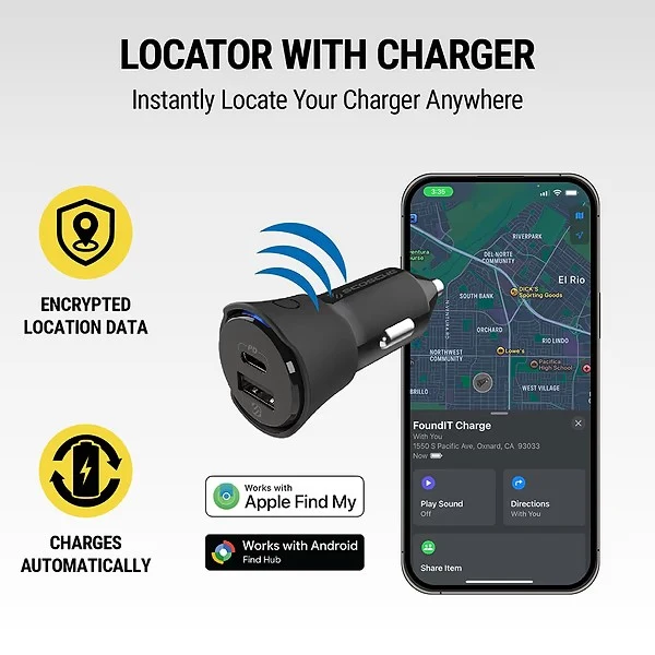 جهاز سكوشي فاوند إت برو للتعقب والعثور، شاحن USB-C/USB-A بقدرة 32 واط مع محدد مواقع لأندرويد وiOS، أسود