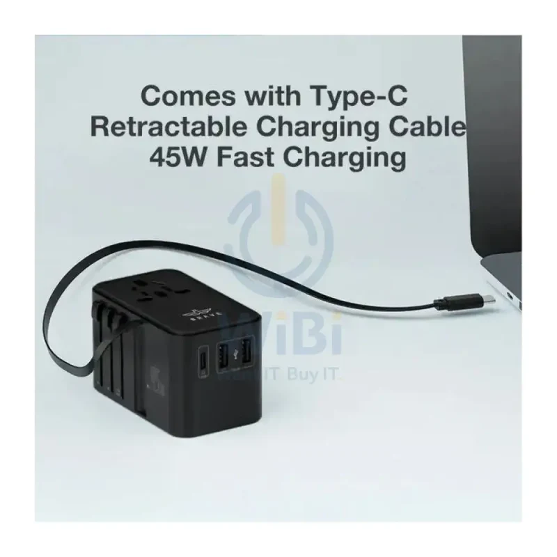 BRAVE Universal Travel Adapter with Retractable Cable - 45W / USB-C / USB-A / Black